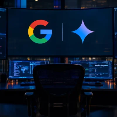 An empty chair in a darkened security operations center faces a curved monitor wall showing the Google logo beside the Gemini spark mark, flanked by terminal windows logging failed login attempts in red