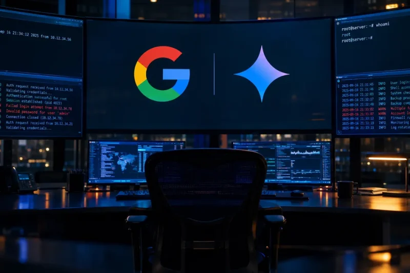 An empty chair in a darkened security operations center faces a curved monitor wall showing the Google logo beside the Gemini spark mark, flanked by terminal windows logging failed login attempts in red