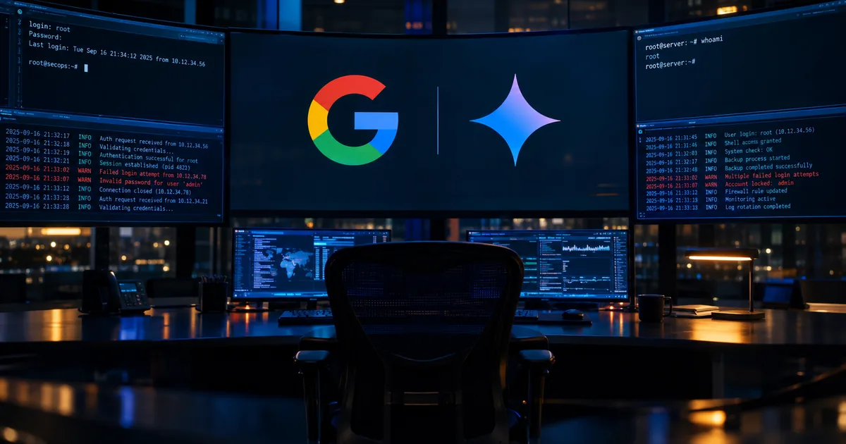 An empty chair in a darkened security operations center faces a curved monitor wall showing the Google logo beside the Gemini spark mark, flanked by terminal windows logging failed login attempts in red