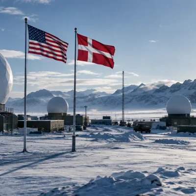 American and Danish flags flying side by side beside white geodesic radar domes at a US military installation on a snow plain in Greenland