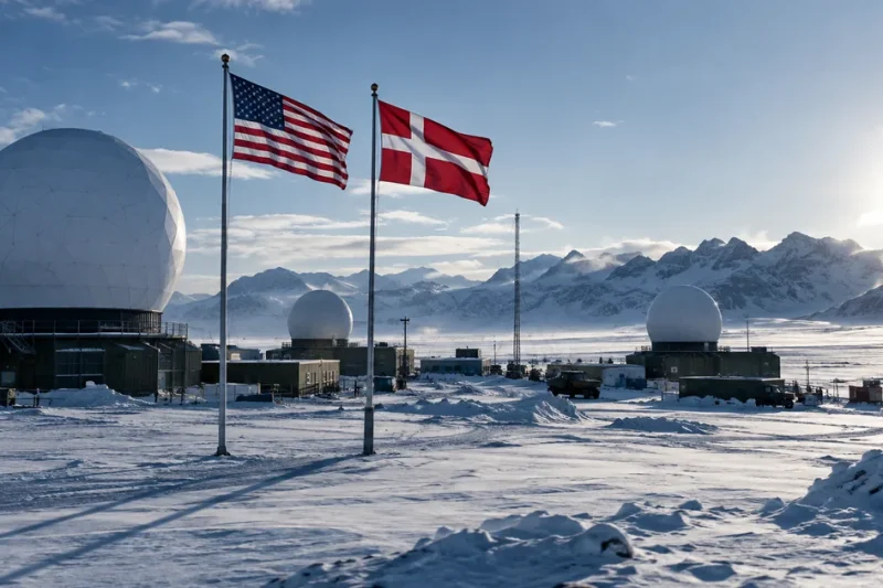 American and Danish flags flying side by side beside white geodesic radar domes at a US military installation on a snow plain in Greenland