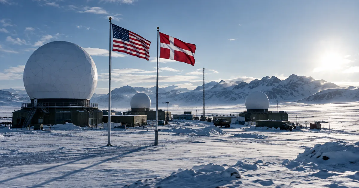 American and Danish flags flying side by side beside white geodesic radar domes at a US military installation on a snow plain in Greenland