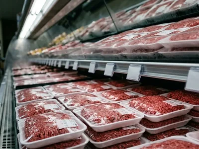 Rows of plastic-wrapped ground beef packages in a refrigerated supermarket case, with empty white price tag holders clipped to the shelf rail