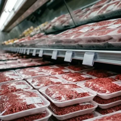Rows of plastic-wrapped ground beef packages in a refrigerated supermarket case, with empty white price tag holders clipped to the shelf rail