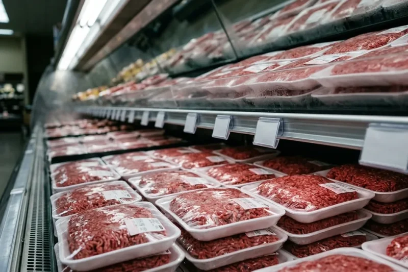 Rows of plastic-wrapped ground beef packages in a refrigerated supermarket case, with empty white price tag holders clipped to the shelf rail