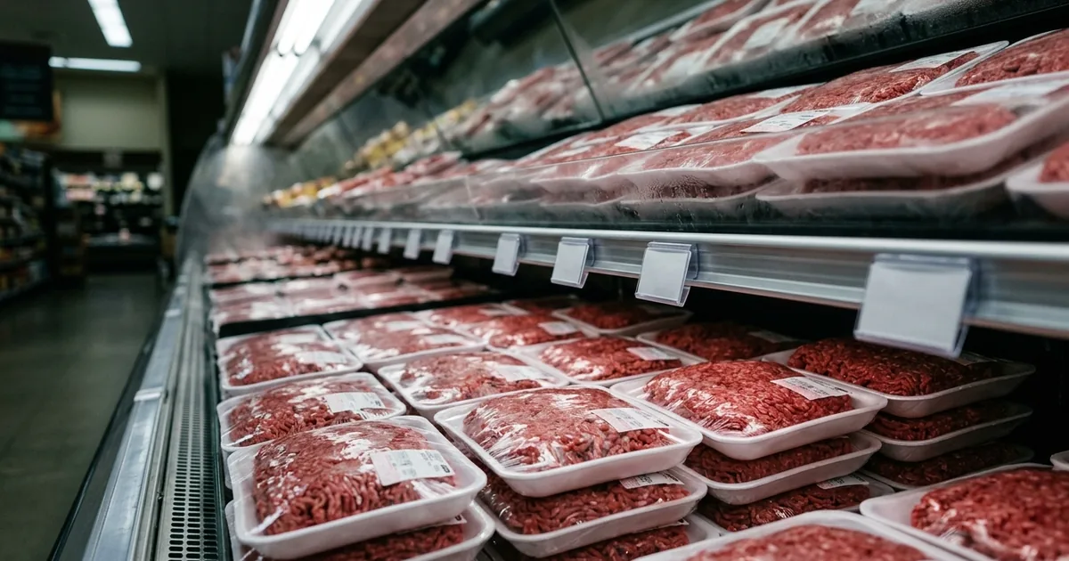 Rows of plastic-wrapped ground beef packages in a refrigerated supermarket case, with empty white price tag holders clipped to the shelf rail