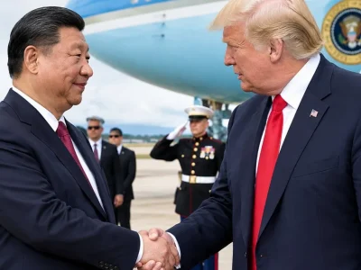 Donald Trump and Xi Jinping shake hands on an airport tarmac