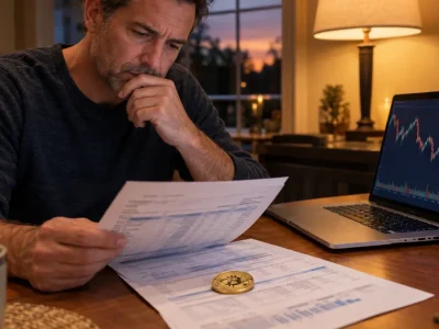 A worker reviews a 401(k) statement with a bitcoin coin resting on the paperwork