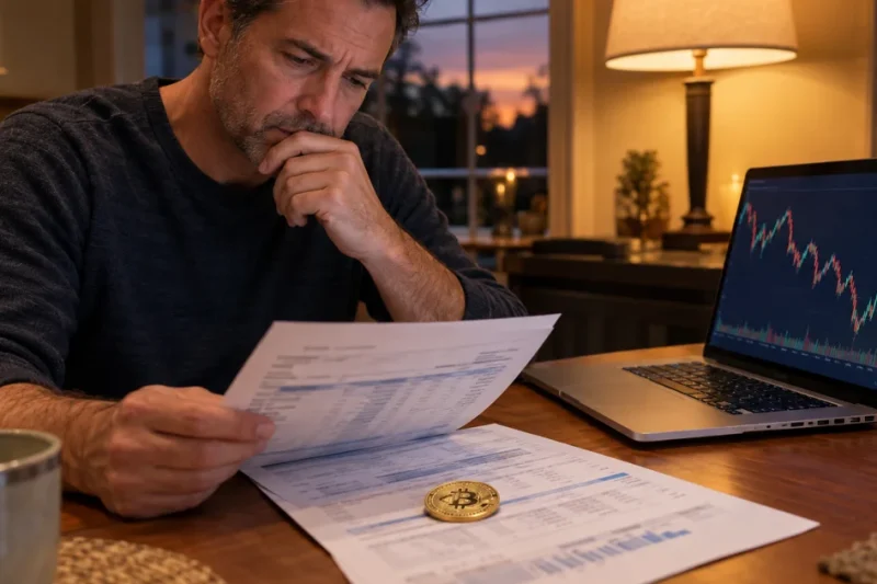 A worker reviews a 401(k) statement with a bitcoin coin resting on the paperwork