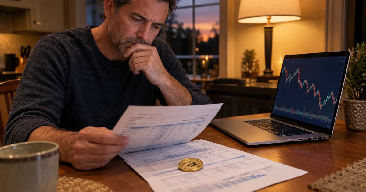 A worker reviews a 401(k) statement with a bitcoin coin resting on the paperwork