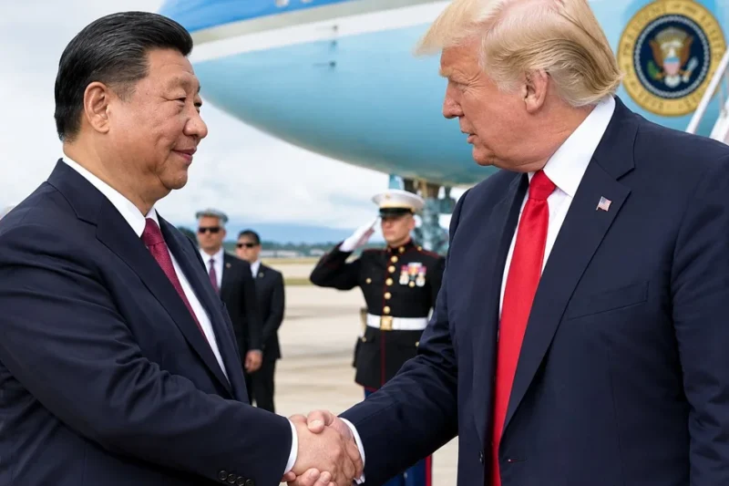 Donald Trump and Xi Jinping shake hands on an airport tarmac