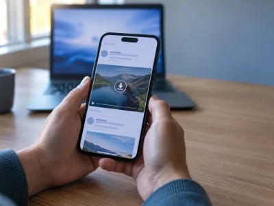 Hands holding a smartphone showing a video in a social feed with a download icon, laptop on a desk behind