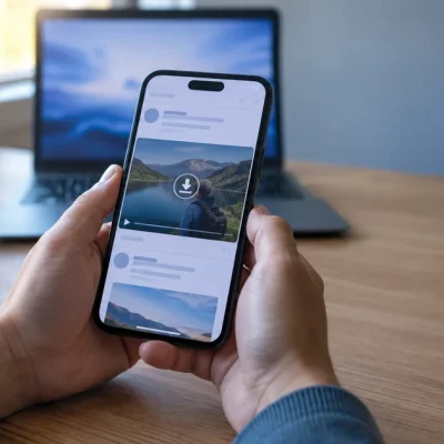 Hands holding a smartphone showing a video in a social feed with a download icon, laptop on a desk behind