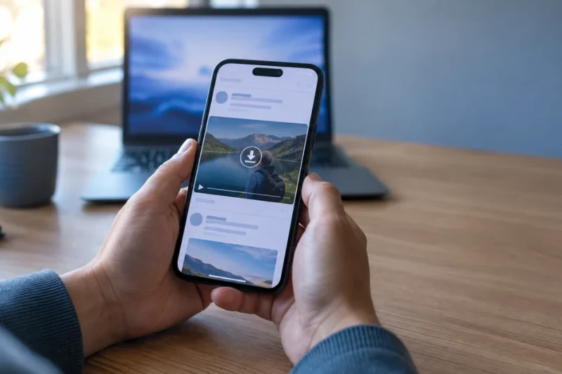 Hands holding a smartphone showing a video in a social feed with a download icon, laptop on a desk behind