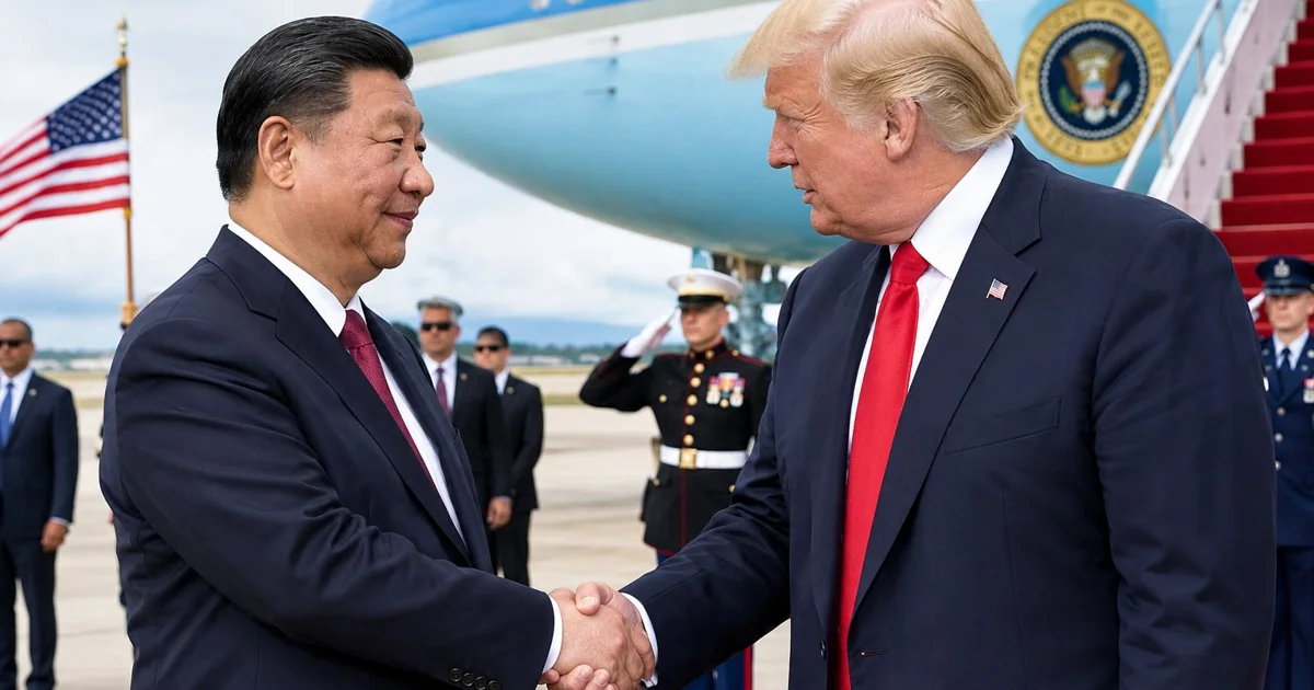 Donald Trump and Xi Jinping shake hands on an airport tarmac