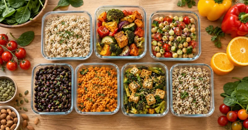 Seven glass containers of prepped vegetarian meals on a wooden counter surrounded by fresh vegetables, seeds and nuts