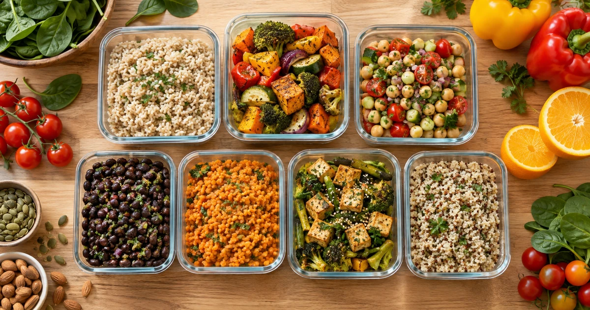 Seven glass containers of prepped vegetarian meals on a wooden counter surrounded by fresh vegetables, seeds and nuts