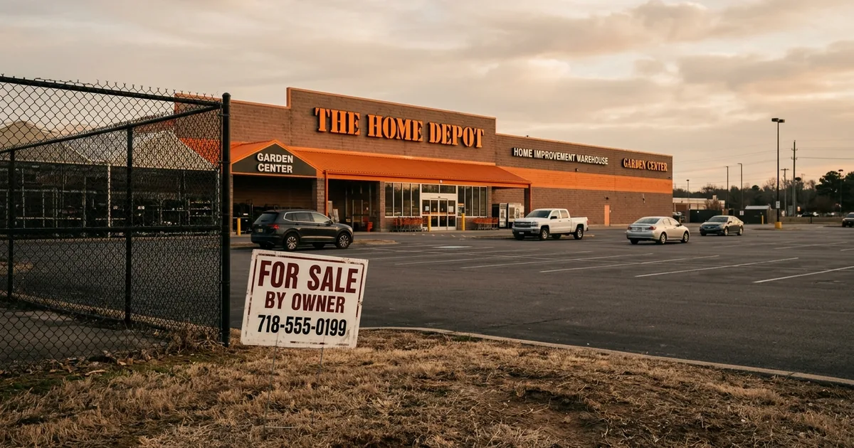 An empty Home Depot parking lot with a For Sale by Owner yard sign in the foreground, illustrating the frozen housing market