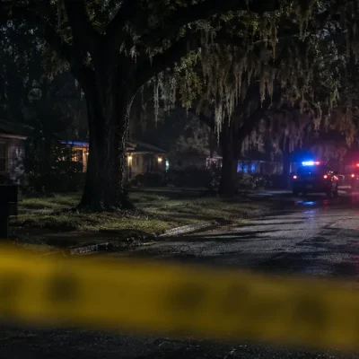 Yellow police barrier tape blurred across the foreground of a dark residential street lined with moss-draped live oaks, with patrol vehicle emergency lights glowing further down the road