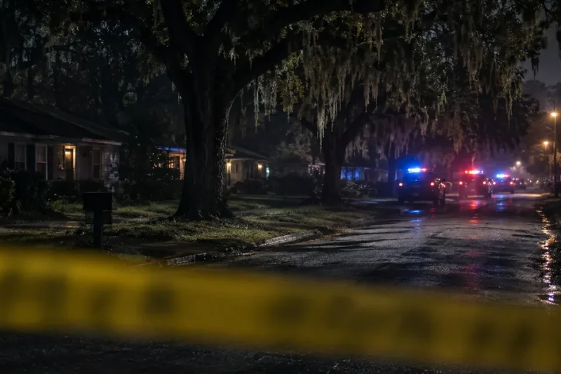 Yellow police barrier tape blurred across the foreground of a dark residential street lined with moss-draped live oaks, with patrol vehicle emergency lights glowing further down the road