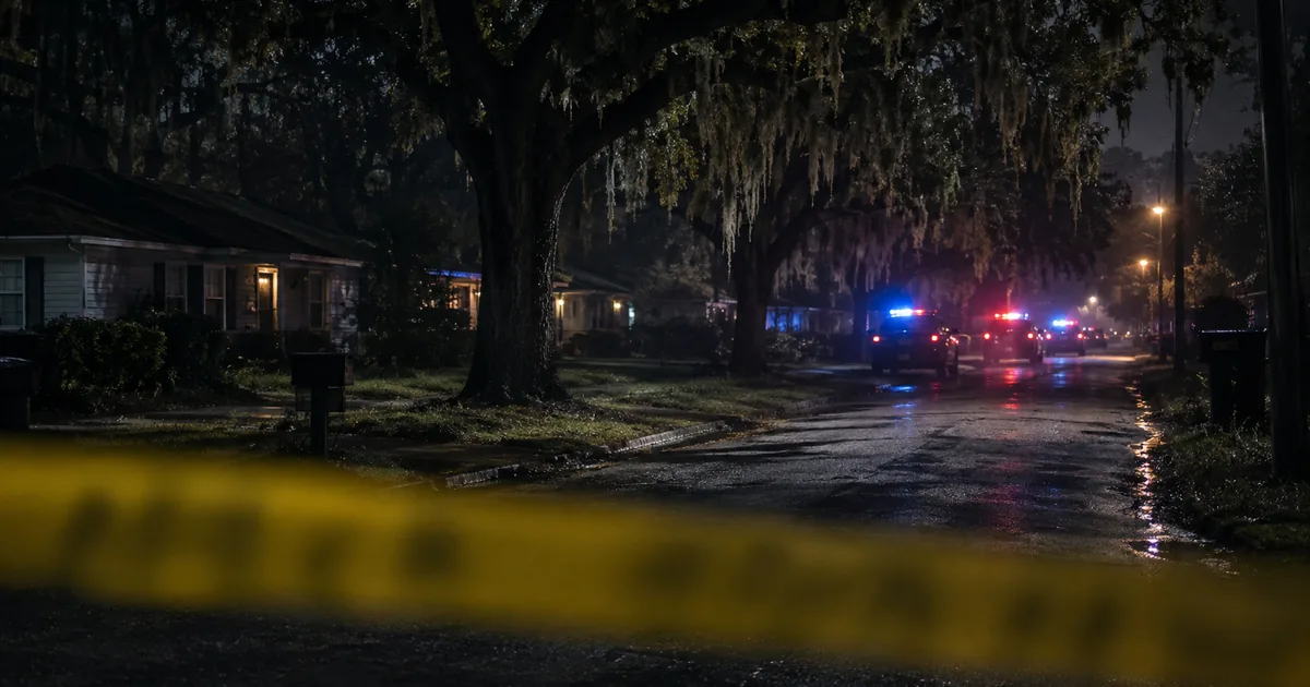 Yellow police barrier tape blurred across the foreground of a dark residential street lined with moss-draped live oaks, with patrol vehicle emergency lights glowing further down the road