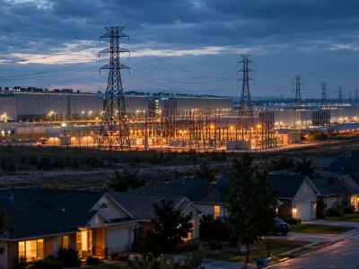 A large data center campus lit at blue hour with high-voltage transmission towers and an electrical substation, with modest single-family homes in the foreground