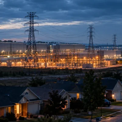 A large data center campus lit at blue hour with high-voltage transmission towers and an electrical substation, with modest single-family homes in the foreground