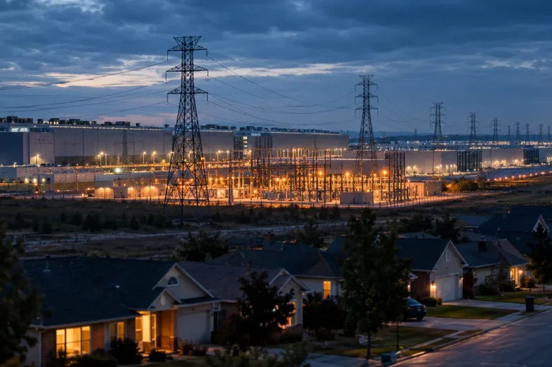 A large data center campus lit at blue hour with high-voltage transmission towers and an electrical substation, with modest single-family homes in the foreground