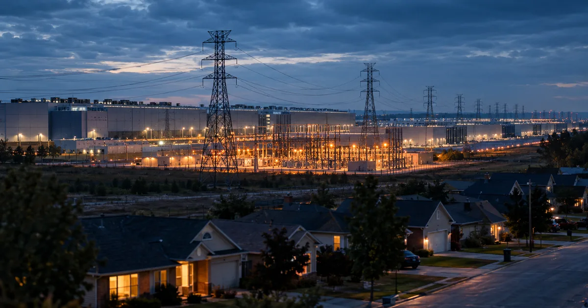 A large data center campus lit at blue hour with high-voltage transmission towers and an electrical substation, with modest single-family homes in the foreground