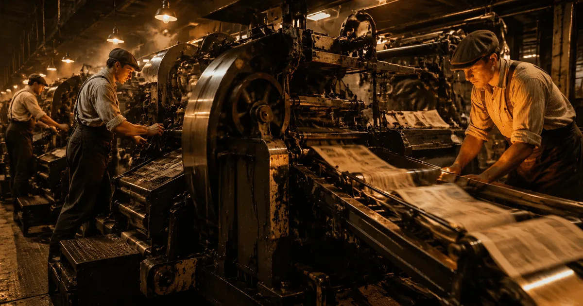 Printers in flat caps and braces working a rotary newspaper press at night, folded papers running along the conveyor under amber work lights