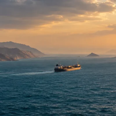 A laden crude oil tanker transits a narrow sea strait at sunset between arid brown headlands, with a small rocky island silhouetted at the channel mouth