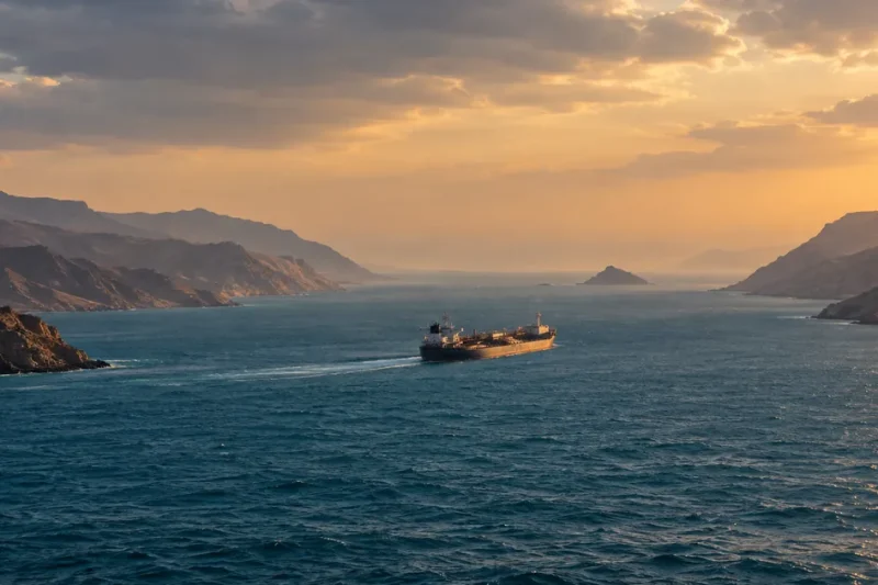 A laden crude oil tanker transits a narrow sea strait at sunset between arid brown headlands, with a small rocky island silhouetted at the channel mouth