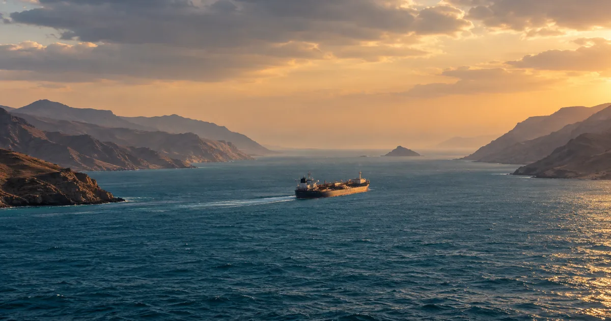 A laden crude oil tanker transits the narrow Bab el-Mandeb Strait at sunset between arid headlands