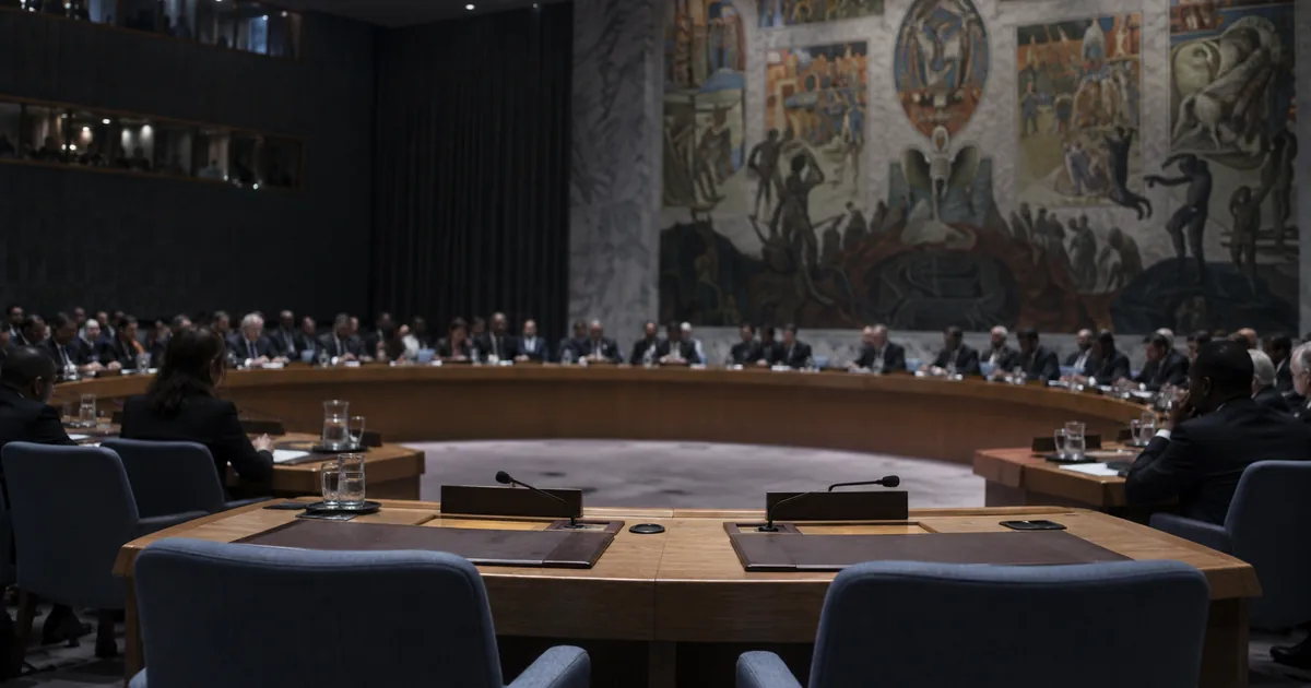 The United Nations Security Council chamber seen from behind two empty delegate seats with folded microphones, other members seated around the horseshoe table