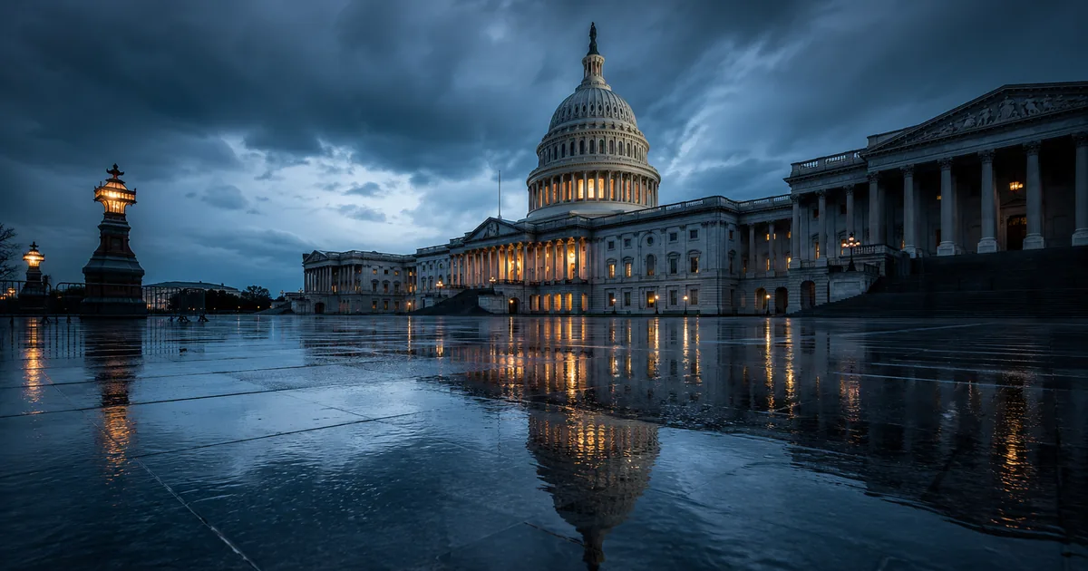 The United States Capitol lit against a heavy grey sky at blue hour, reflected in a rain-soaked and completely deserted plaza