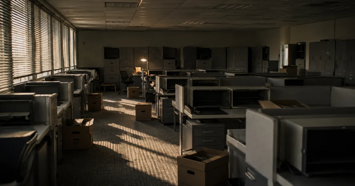 An emptied government office floor with vacant cubicles, stacked cardboard boxes and a single desk lamp still lit, sunlight striped across the carpet through venetian blinds