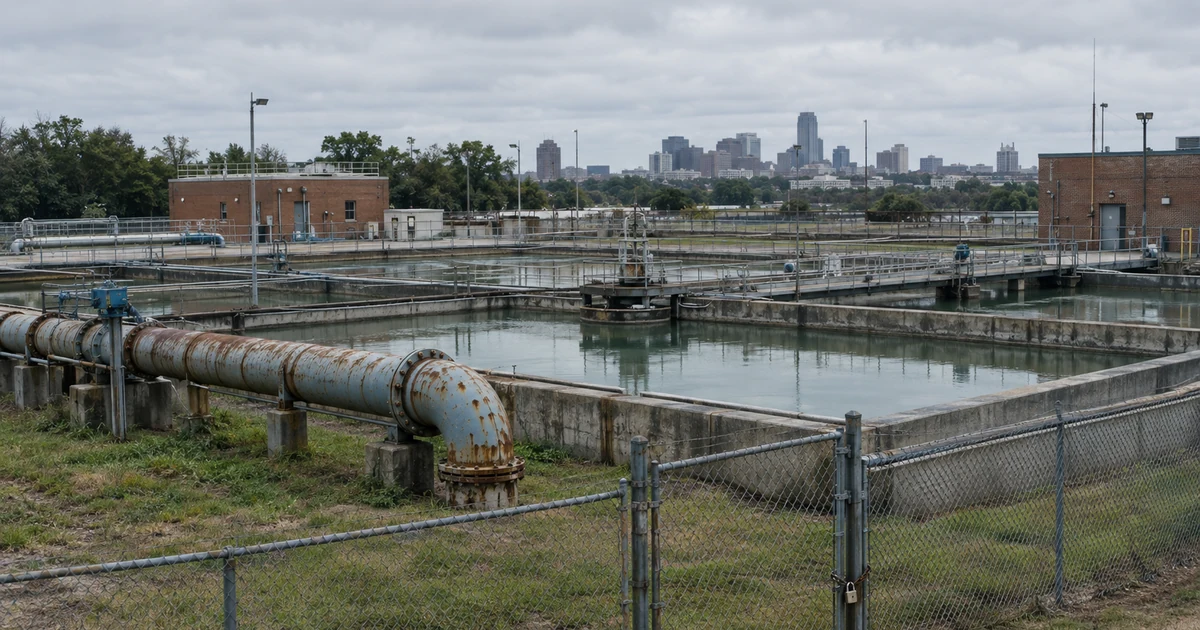 Aging municipal water treatment basins and rusted pipework behind a padlocked chain-link fence, with a city skyline on the horizon under an overcast sky