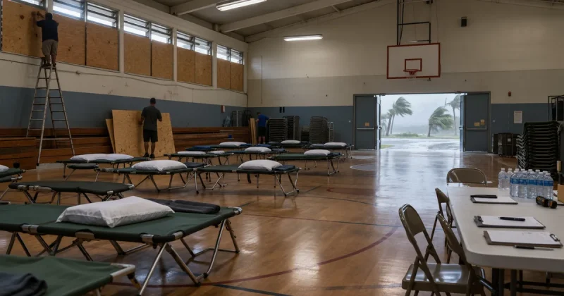 Rows of folding cots on a school gym floor while workers fit plywood over high windows, with palm trees bending in wind through the open doors