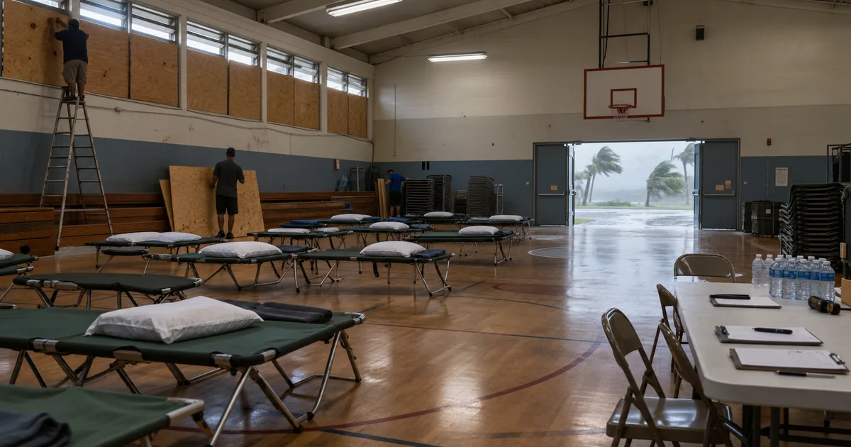 Rows of folding cots on a school gym floor while workers fit plywood over high windows, with palm trees bending in wind through the open doors