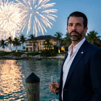 Donald Trump Jr. in a navy blazer holding a champagne flute on a wooden island dock at dusk, with fireworks bursting over a lit villa and palm trees behind him