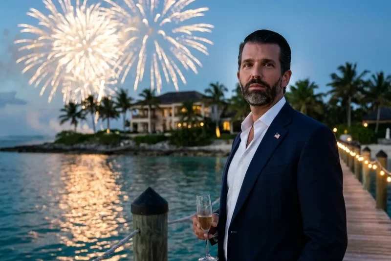 Donald Trump Jr. in a navy blazer holding a champagne flute on a wooden island dock at dusk, with fireworks bursting over a lit villa and palm trees behind him