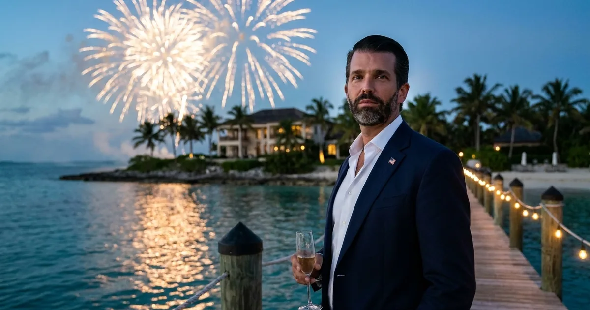 Donald Trump Jr. in a navy blazer holding a champagne flute on a wooden island dock at dusk, with fireworks bursting over a lit villa and palm trees behind him