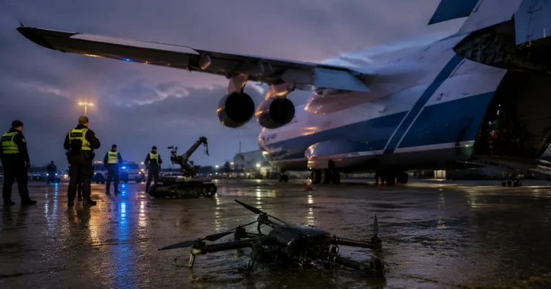 A crashed black quadcopter drone lies on wet tarmac in front of a large blue and white heavy-lift cargo aircraft at dusk, with police in high visibility vests and a tracked bomb disposal robot behind it