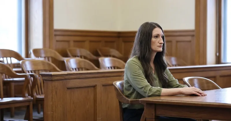A woman with long dark hair sits alone at a courtroom table, hands folded, with rows of empty wooden jury seats behind her