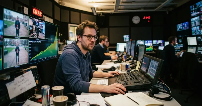 A producer in a newsroom control room watching an on-air feed alongside a rising viewer chat volume graph