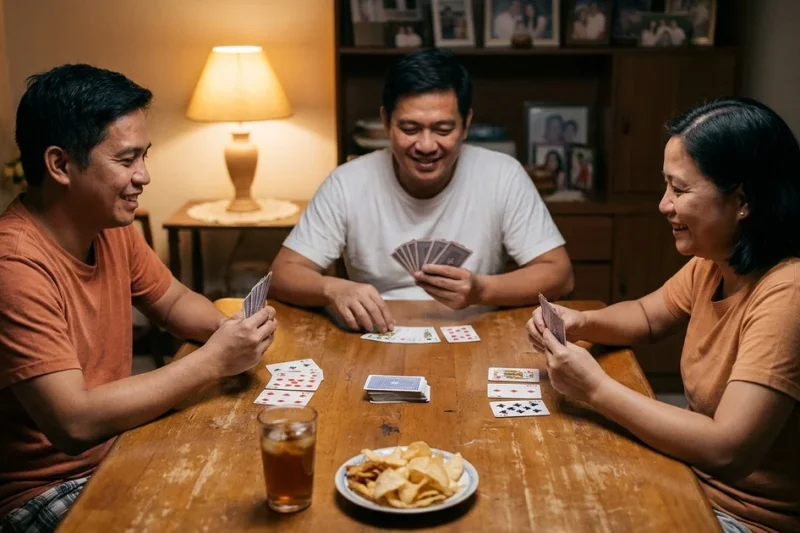 Three people playing the Filipino card game Tongits around a wooden table at home