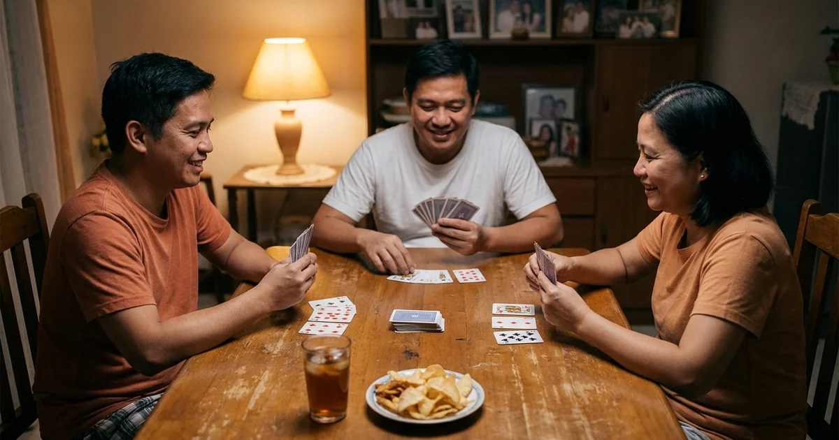 Three people playing the Filipino card game Tongits around a wooden table at home