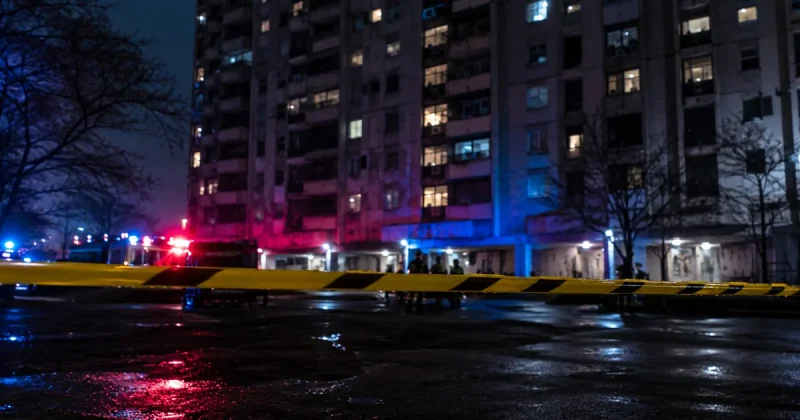 Yellow police tape strung across a wet street at night in front of a tall apartment high-rise washed in red and blue emergency lights, with distant first responders near the entrance