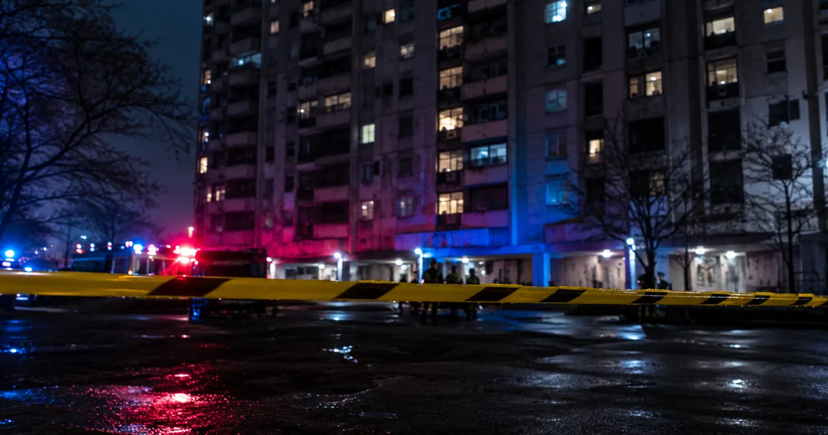 Yellow police tape strung across a wet street at night in front of a tall apartment high-rise washed in red and blue emergency lights, with distant first responders near the entrance