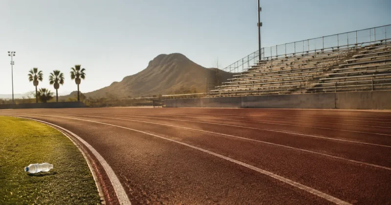 An empty maroon running track and aluminium grandstand under harsh low desert sun, palm trees and a brown butte on the horizon, with a discarded water bottle on the infield grass